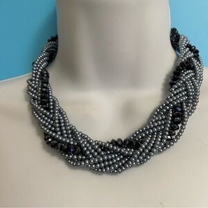 Braided Glass Beads Necklace Blue & Gray Sparkly & Smooth 16" + 3" Extender